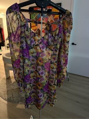 Missguided Purple Yellow Floral Off-Shoulder Dress